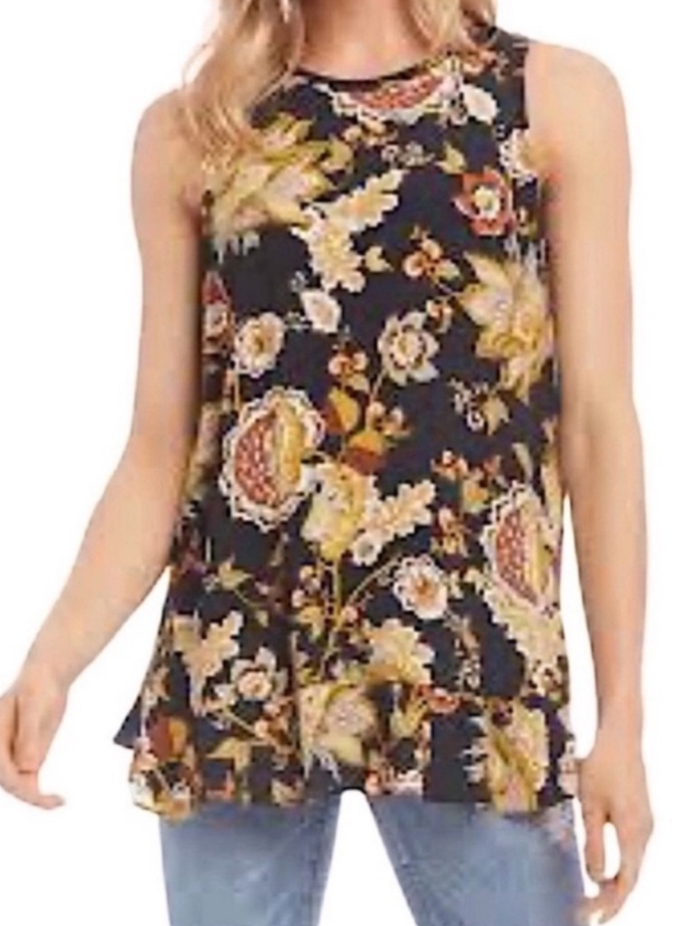 Karen Kane Sleeveless Blouse Tunic Length Floral Black Tan Gold Size M